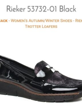 Like New, Rieker Women’s Black Patent & Shimmering Purple/silver Loafers.
